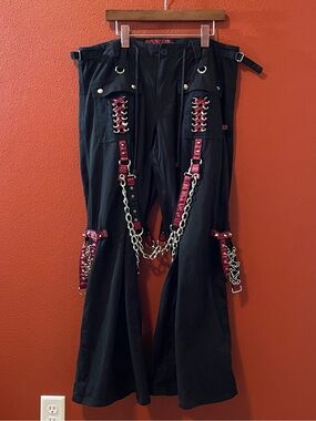 Tripp NYC Women’s Rare Studded Chained Black Flared Zipper Grunge Goth Rave Pant